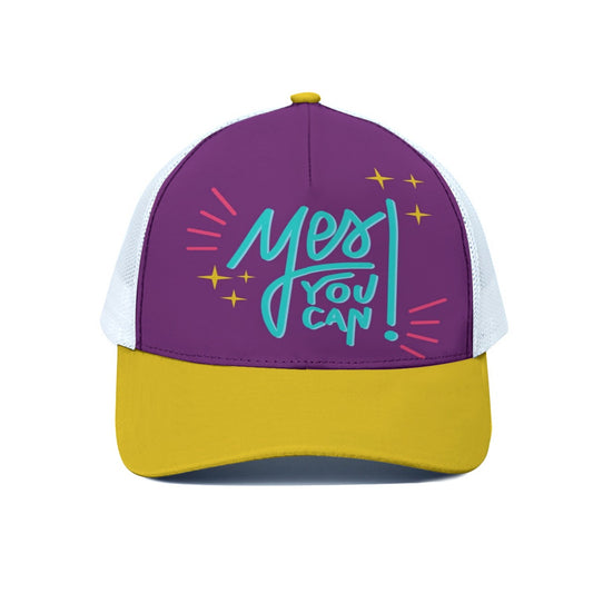 Purple, yellow, and white cap with 'Mess You Can!' text on a white background